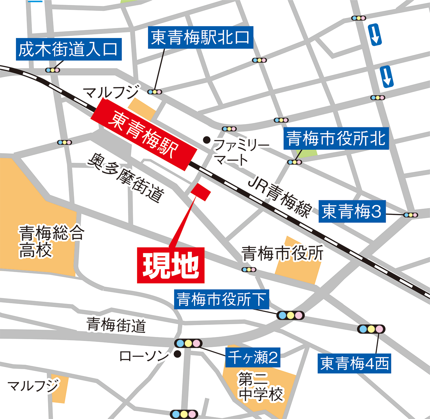 案内図・カーナビへの入力は「青梅市東青梅1-10-16」 案内図・カーナビへの入力は「青梅市東青梅1-10-16」