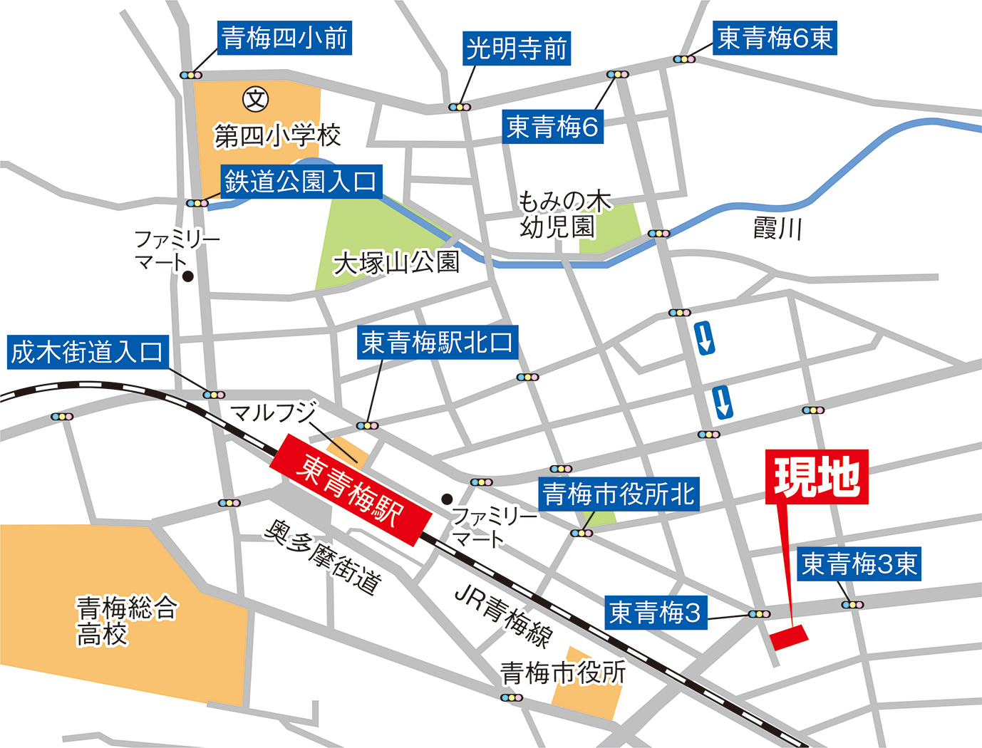 案内図・カーナビへの入力は「青梅市東青梅3-24-34」 案内図・カーナビへの入力は「青梅市東青梅3-24-34」
