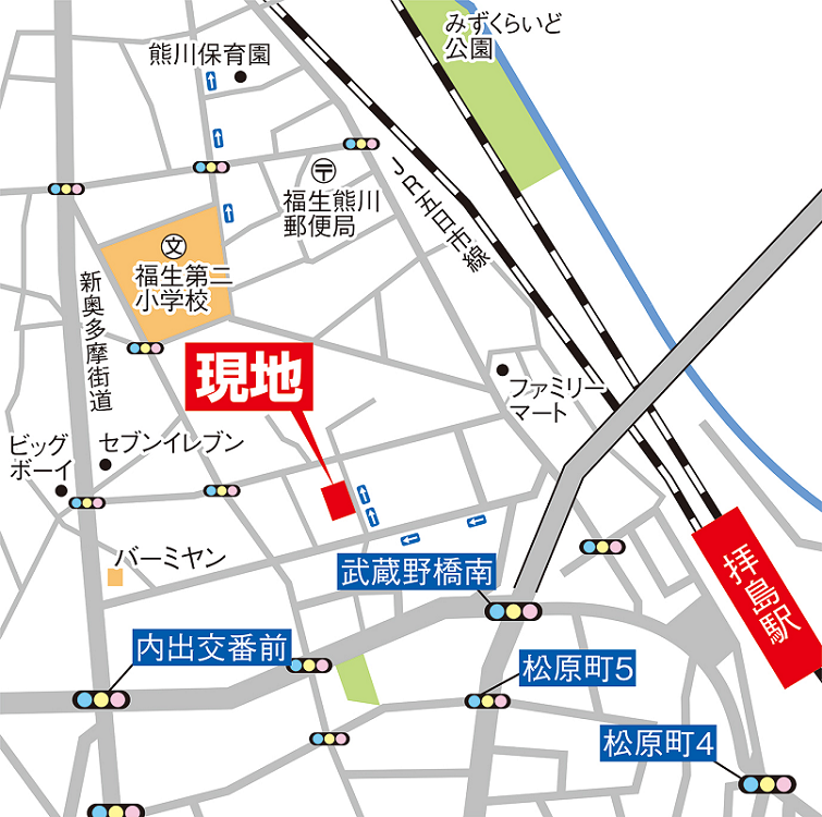 案内図・カーナビへの入力は「福生市熊川494-22付近」 案内図・カーナビへの入力は「福生市熊川494-22付近」